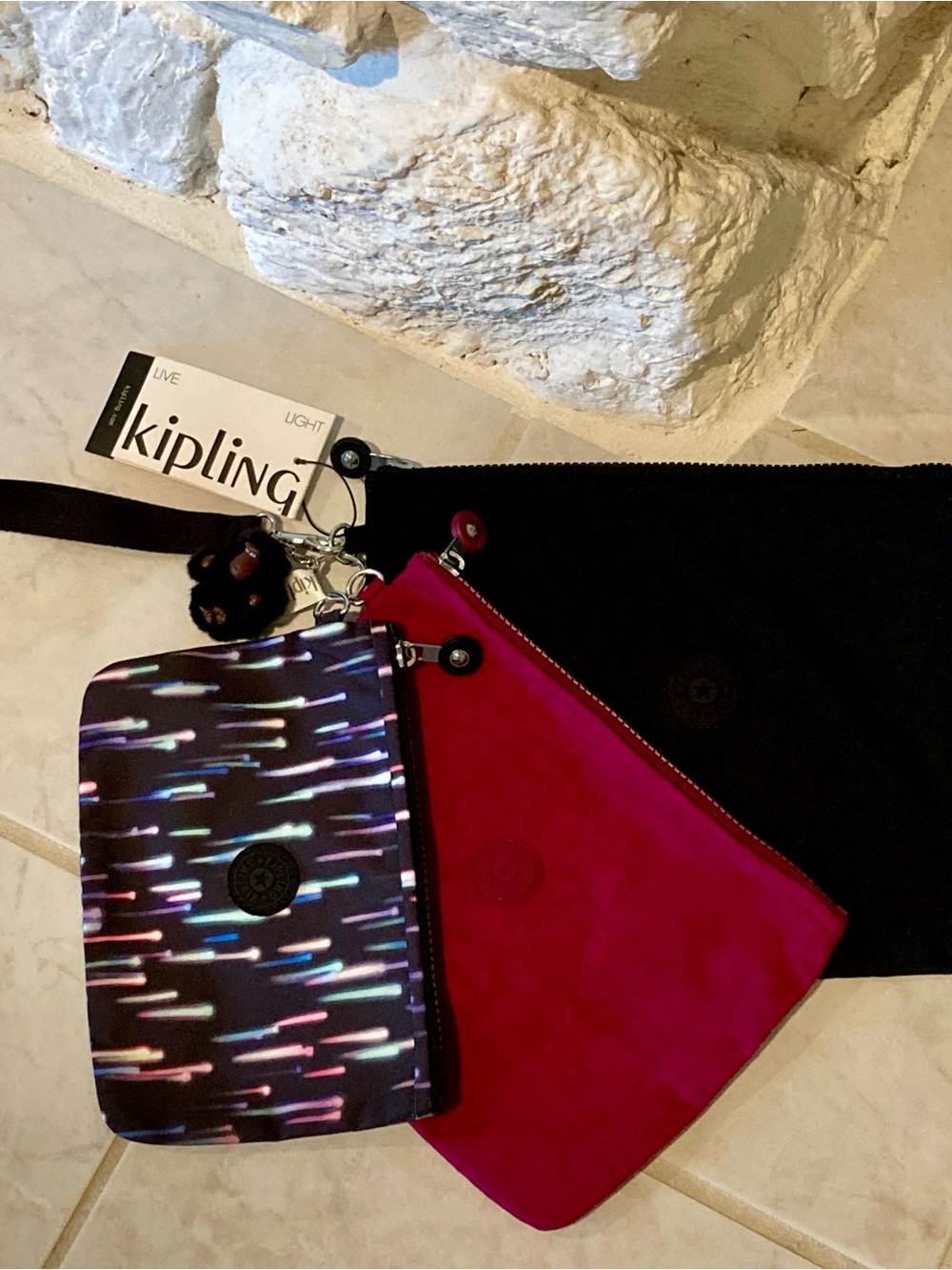 NWT Kipling black, pink, fireworks set of storage/organization/travel pouches